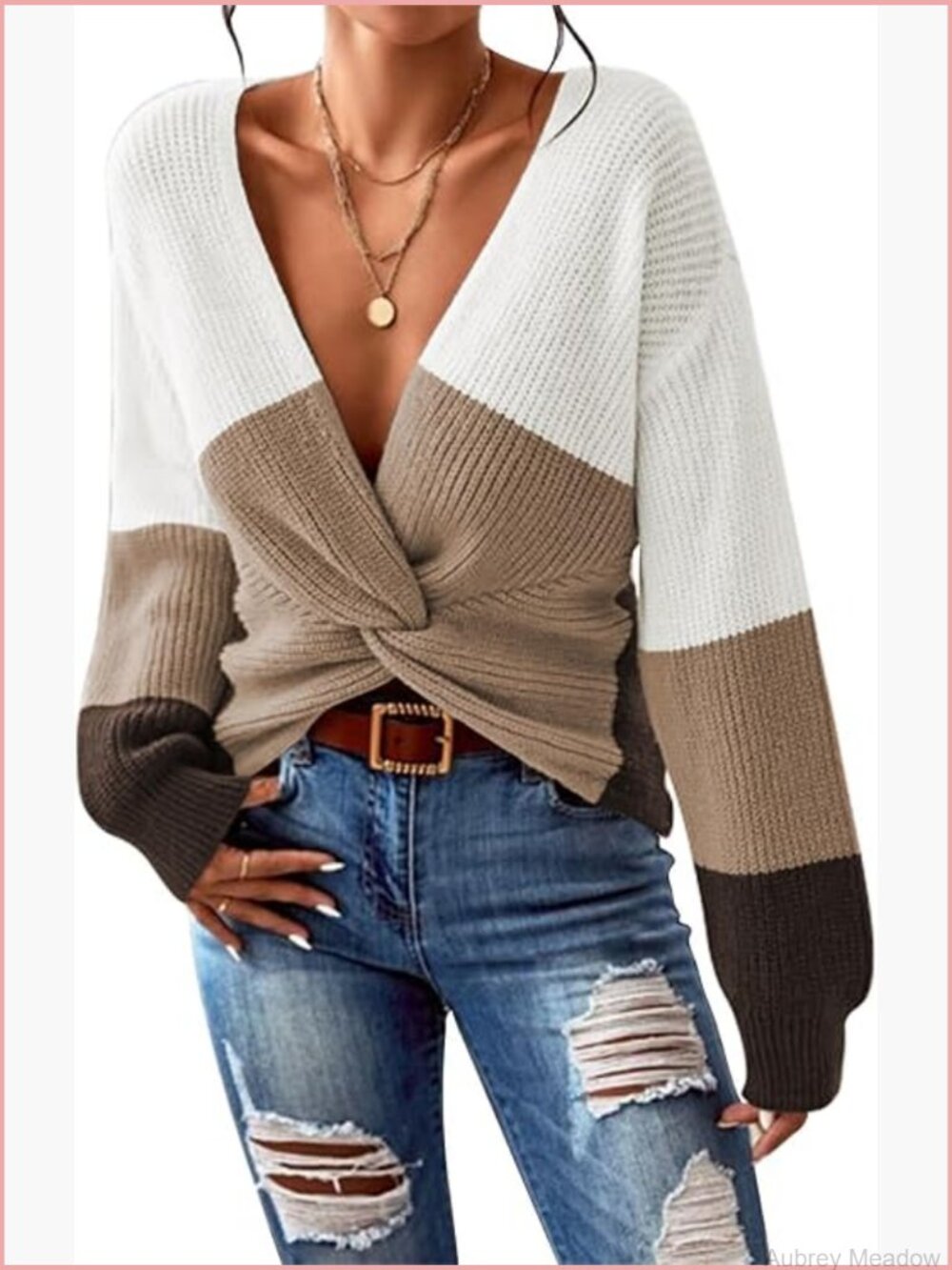 V Neck Long Sleeve Twist Knot Cropped Knit Sweater Top